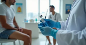 Profissional de saúde preparando seringa de PrEP injetável em consultório moderno