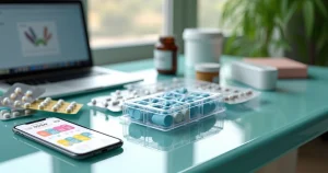 Medicamentos diversos organizados ao redor de comprimidos de PrEP sobre mesa de vidro