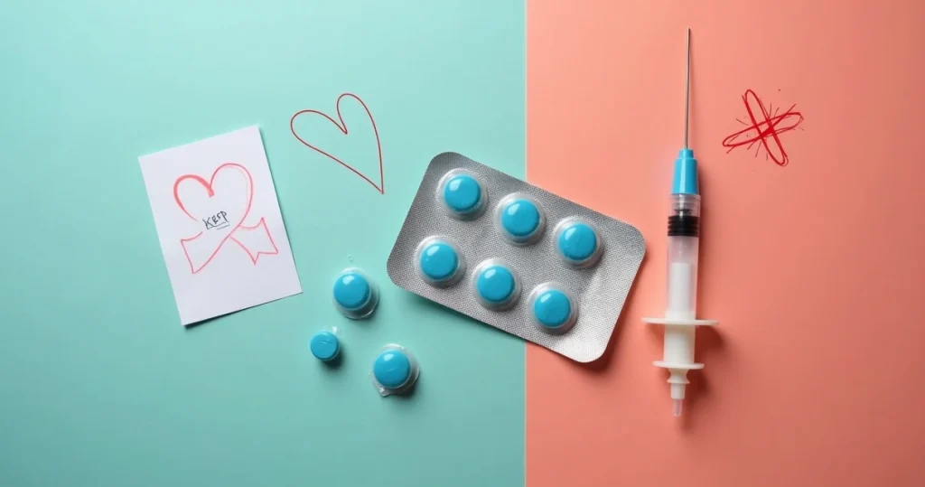 Comprimidos de PrEP e seringa sobre mesa colorida com símbolo unido de coração e escudo