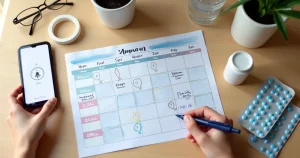 Jovem marca em calendário colorido esquema de PrEP sob demanda com comprimidos na mesa
