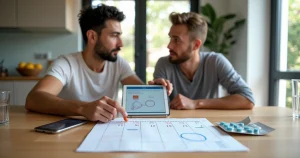 Casal planeja uso de PrEP sob demanda com calendário e tablet sobre a mesa