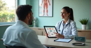 Médico infectologista mostra fluxograma de testagem de HIV em tablet para paciente em consultório moderno