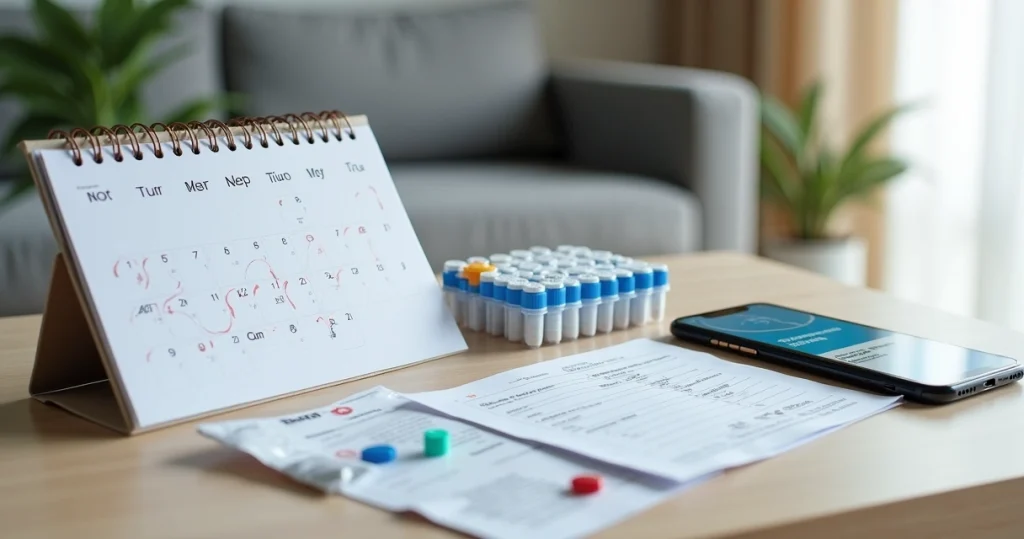 Kit de exames de IST ao lado de comprimidos de PrEP e calendário marcado