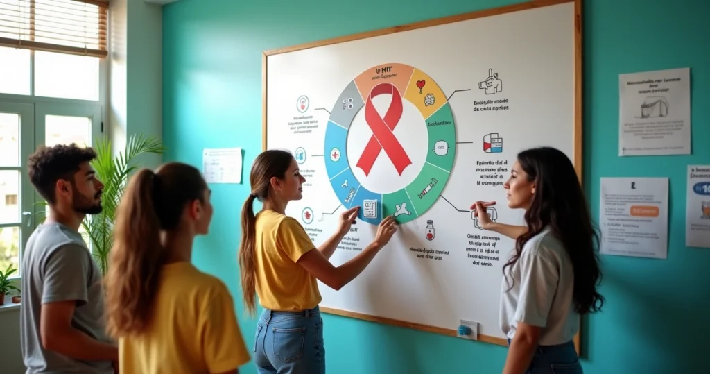 Jovens montando mural colorido com ícones de prevenção combinada ao HIV e ISTs