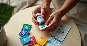 Mãos segurando embalagem de PrEP e preservativos com ícones de prevenção combinada ao fundo