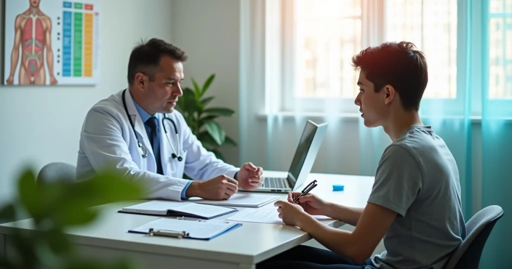 Médico conversa com jovem em consultório moderno sobre início da PrEP