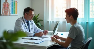 Médico conversa com jovem em consultório moderno sobre início da PrEP