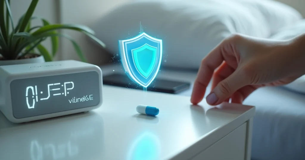 Mão colocando comprimido azul de PrEP diária sobre mesa com relógio e ícone de escudo de proteção