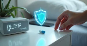 Mão colocando comprimido azul de PrEP diária sobre mesa com relógio e ícone de escudo de proteção