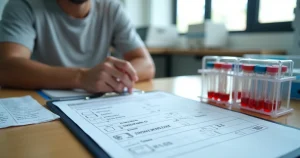 Paciente observa prontuário com resultados de exames de acompanhamento da PrEP em mesa de laboratório