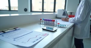 Paciente observa exames de HIV e PrEP em bancada de laboratório clínico
