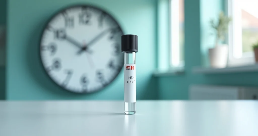 Teste de HIV em ampola na frente de grande relógio simbólico