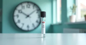 Teste de HIV em ampola na frente de grande relógio simbólico