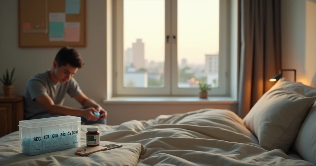 Pessoa em quarto iluminado pela manhã colocando comprimido de PrEP em organizador semanal