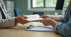 Profissional de saúde entregando resultado de exame em envelope lacrado a paciente em consultório discreto