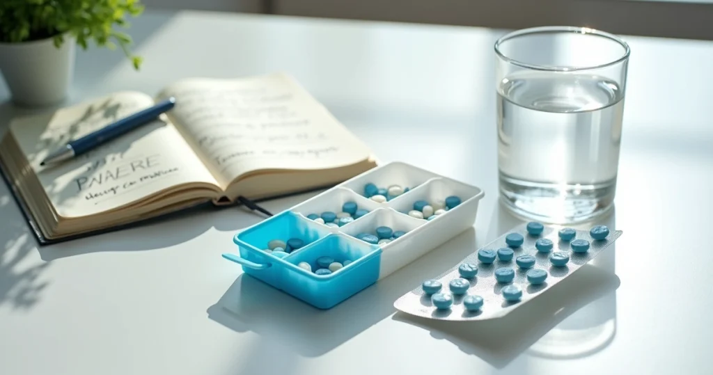 Mesa branca com comprimidos de PrEP ao lado de copo de água e bloco de anotações sobre efeitos adversos