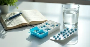 Mesa branca com comprimidos de PrEP ao lado de copo de água e bloco de anotações sobre efeitos adversos