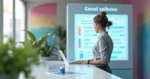 Pessoa observa painel digital com exames de ISTs próximos a cápsula de PrEP