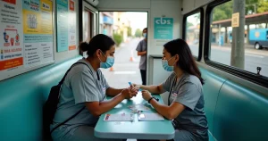 Profissional de saúde aplica teste rápido de IST em jovem dentro de unidade móvel de testagem