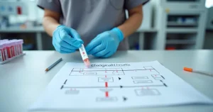 Profissional de saúde compara múltiplos testes rápidos de HIV sobre bancada de laboratório