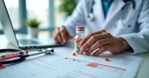 Médico segurando frasco de comprimidos antirretrovirais próximos a exame de sangue de HIV